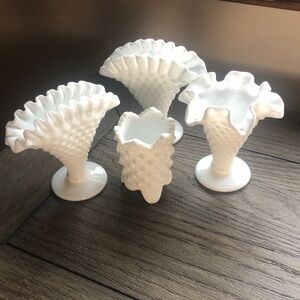 Vintage Mini Milk Glass Hobnail Vases 
 & Toothpick Holder Lot